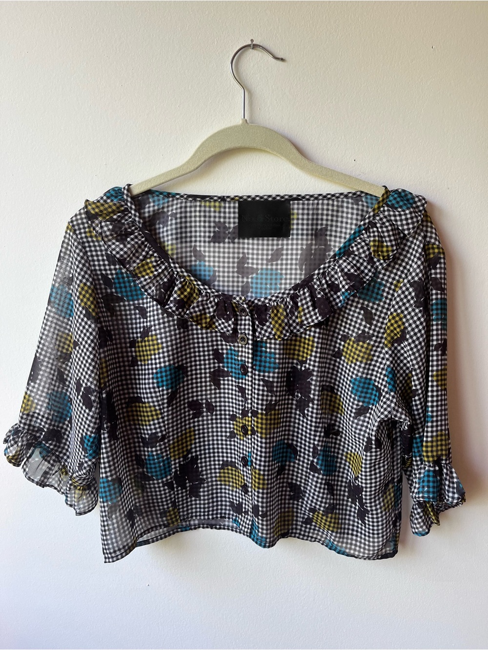 No. 6 Black & Teal Floral Gingham Ruffle-Neck Blouse